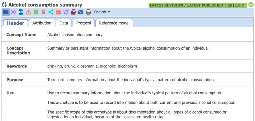 (Truncated) Header of the Alcohol Consumption Summary archetype