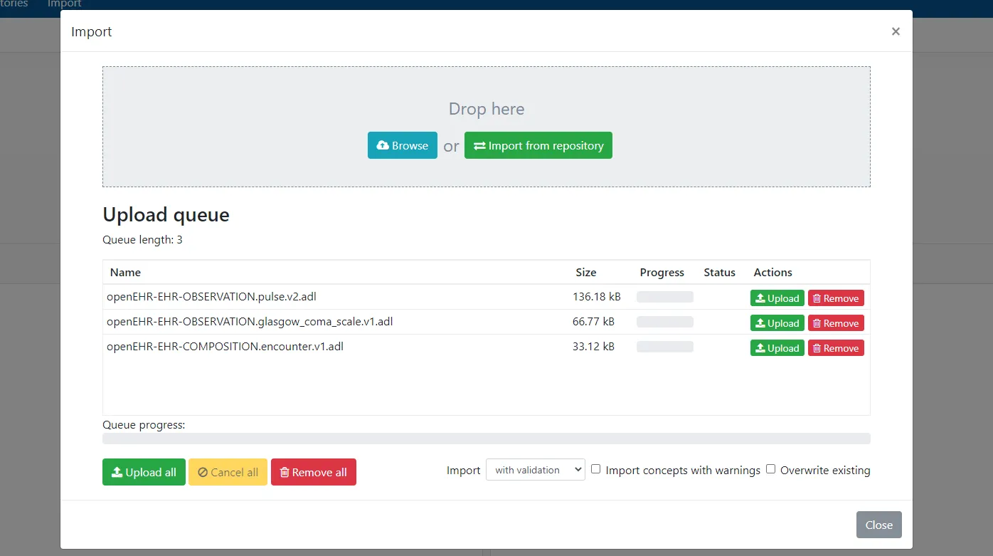 Archetype designer import/upload queue