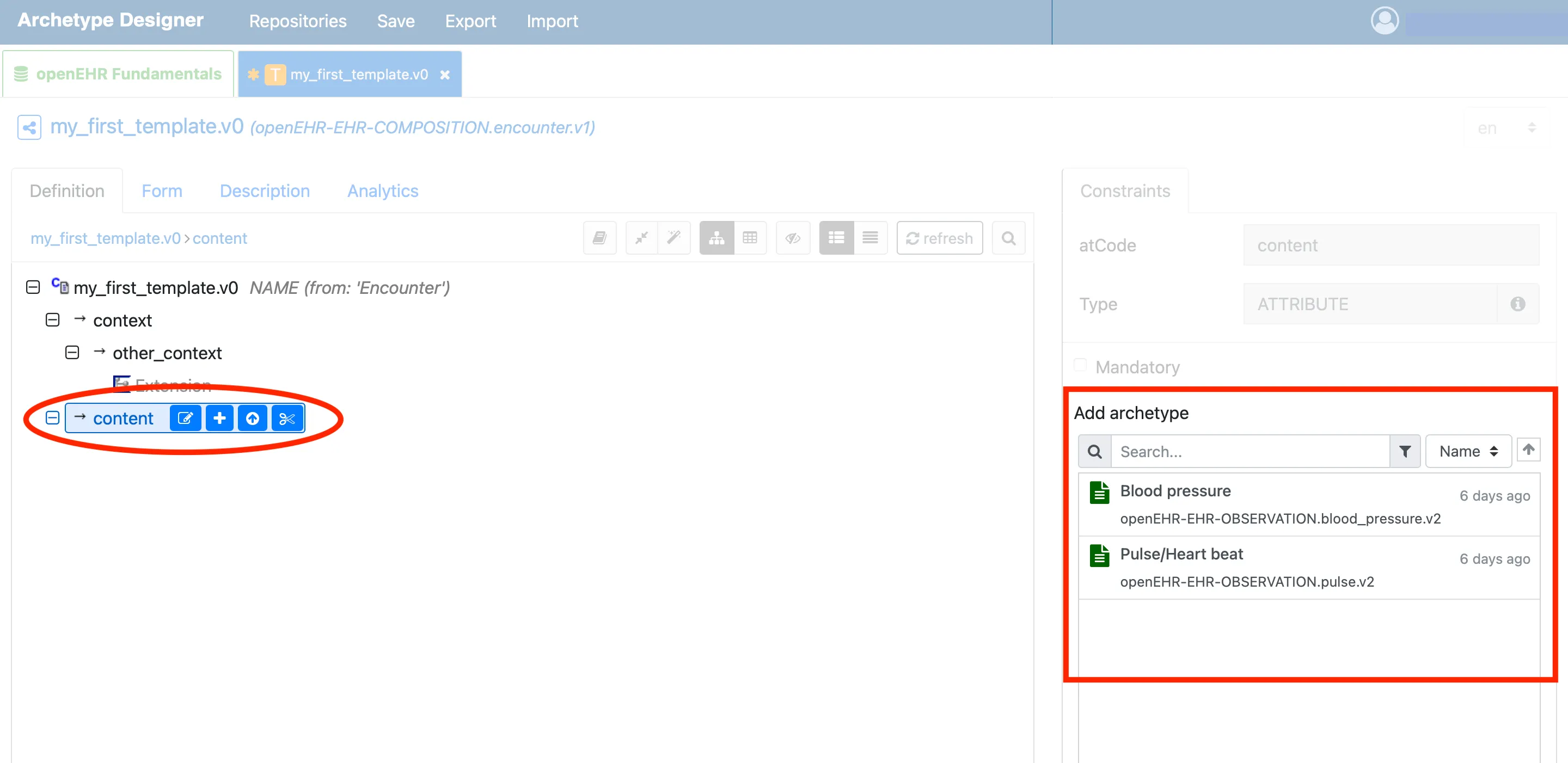 Adding archetypes in the content field