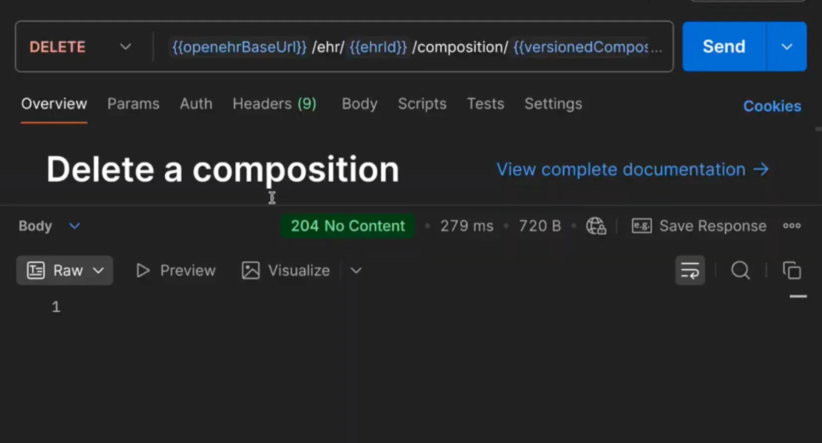 Postman DELETE composition request returning 204 No Content