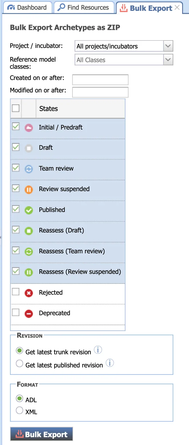Bulk export for archetypes