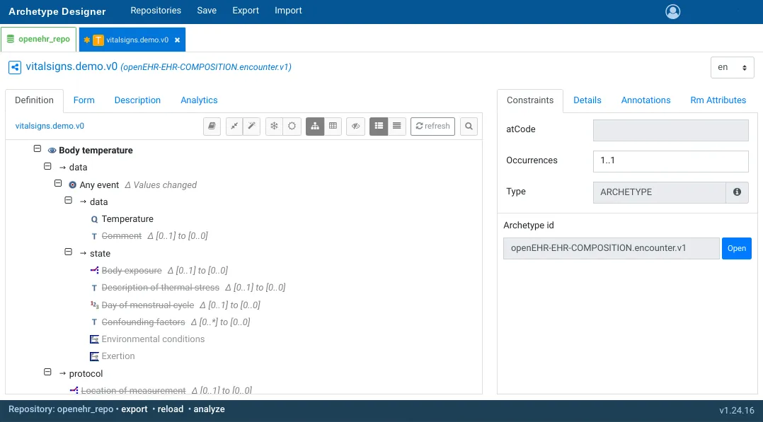 Editing archetypes in a template