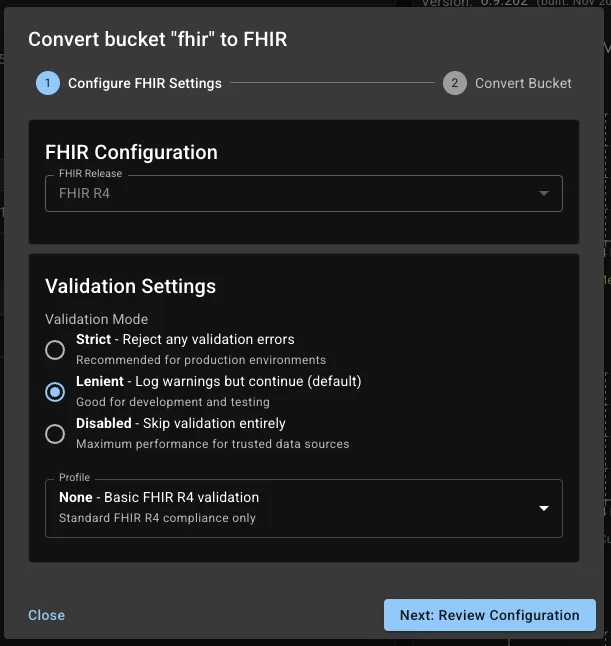 Couchbase FHIR CE Admin Convert Bucket to FHIR Server