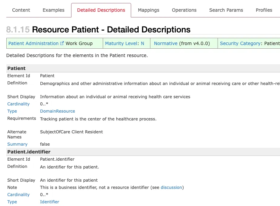 FHIR Patient Detailed Description tab