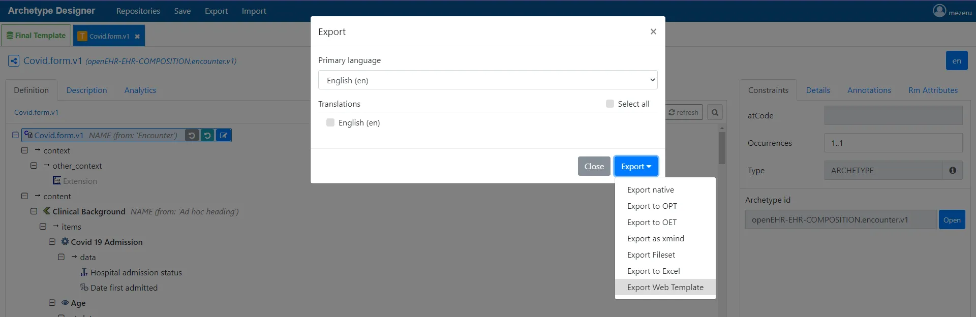 Exporting the template