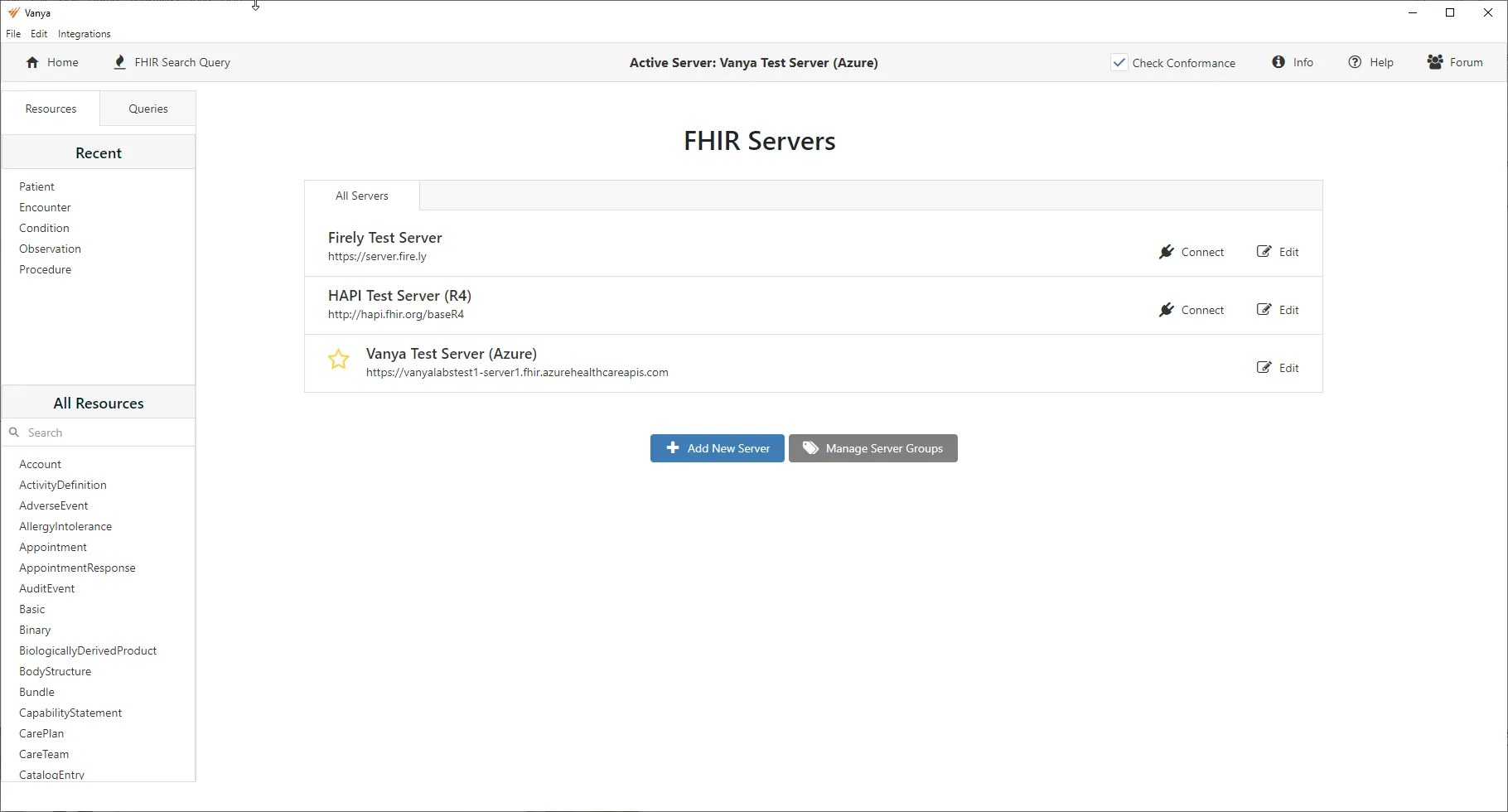 Vanya home screen with list of default FHIR servers