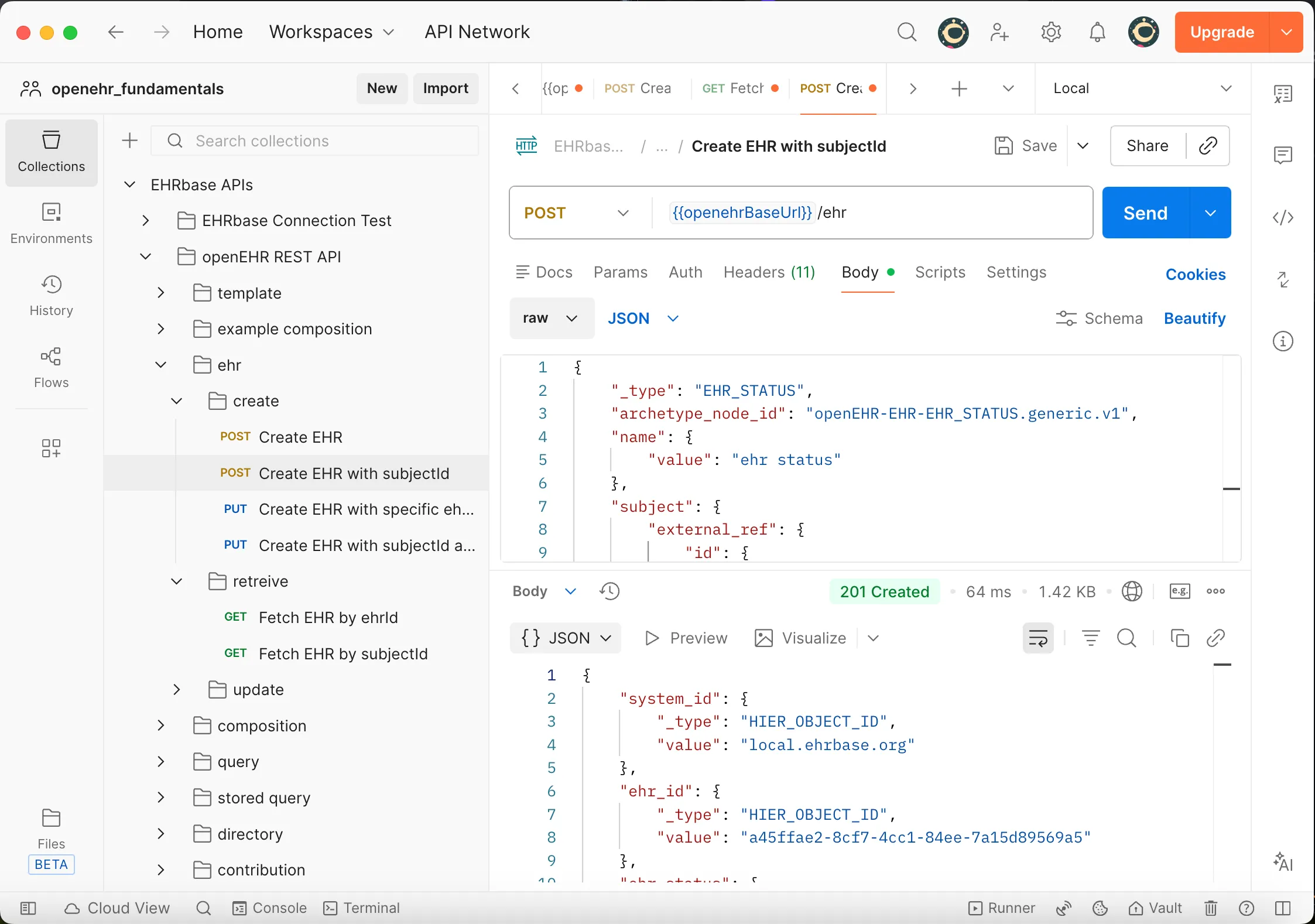 201 created create ehr with ehr ID