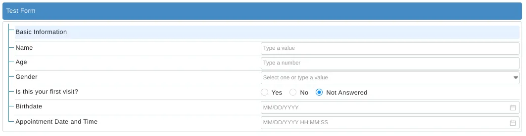 A sample questionnaire that uses input types such as text, integer, date and datetime
