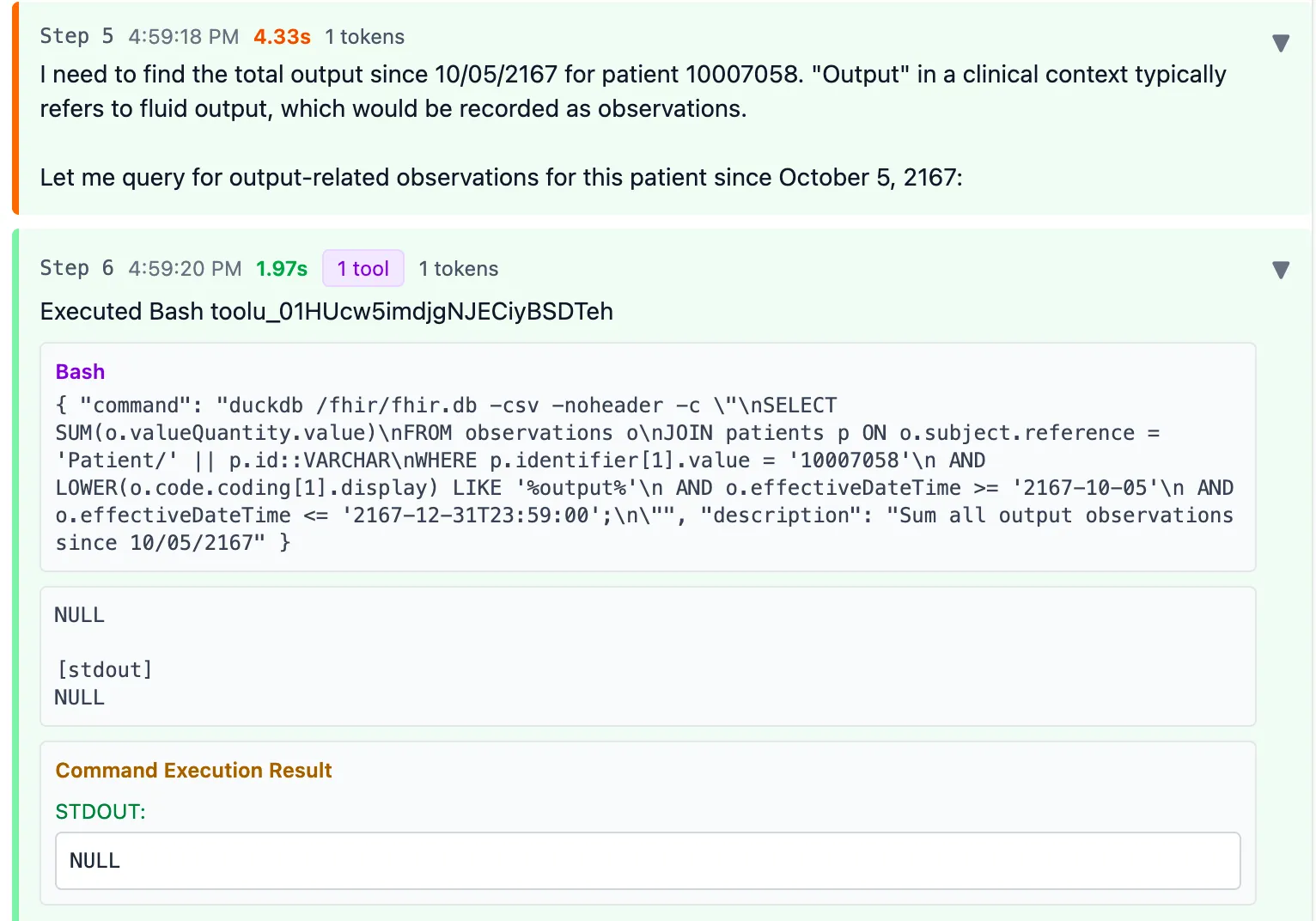 Claude's process included searching for output-related observations