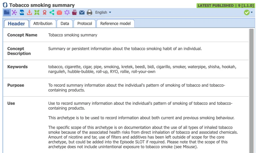 (Truncated) Header of the Tobacco Smoking Summary archetype