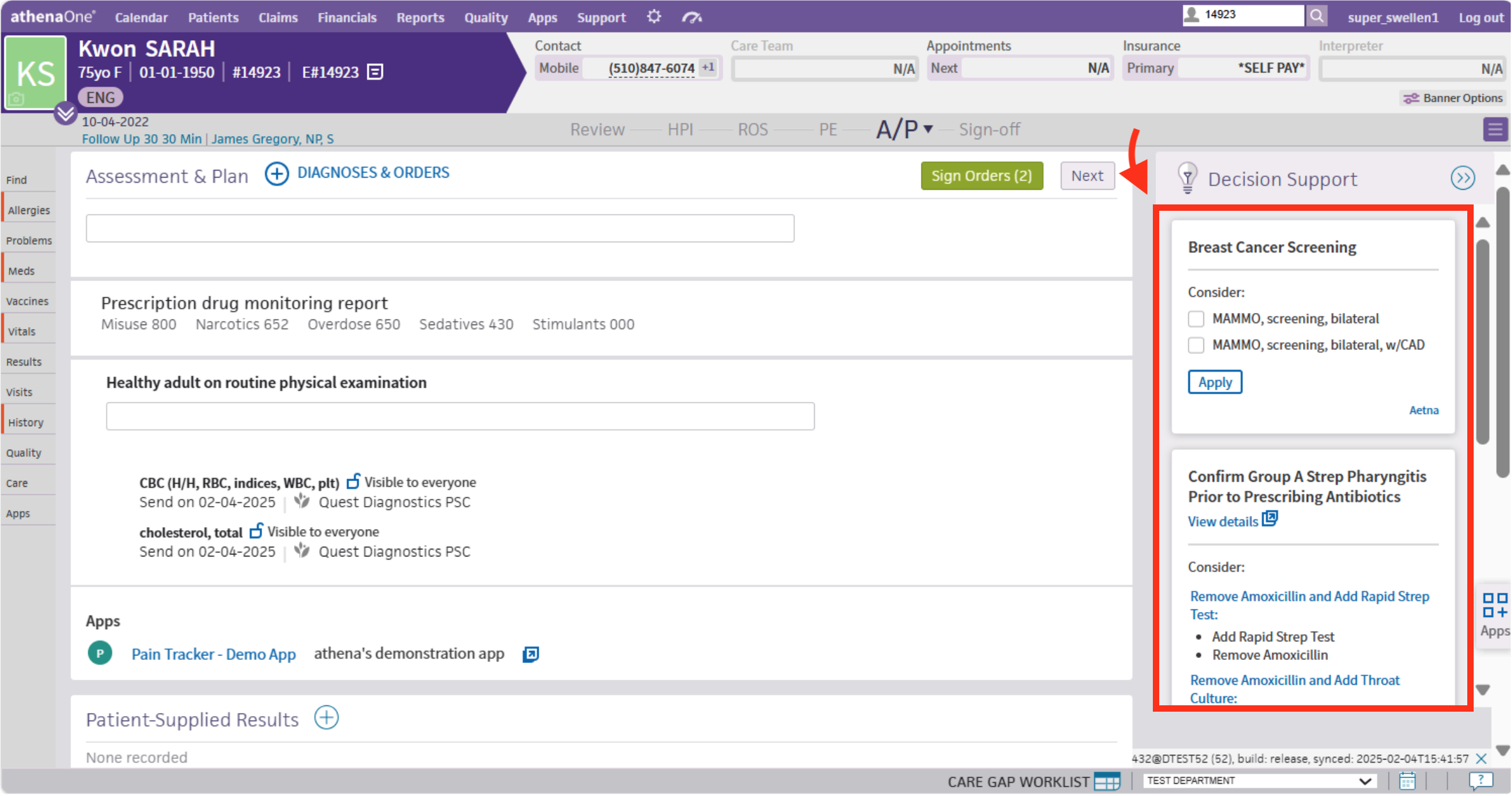 A CDS Hooks card rendered natively inside athenaOne